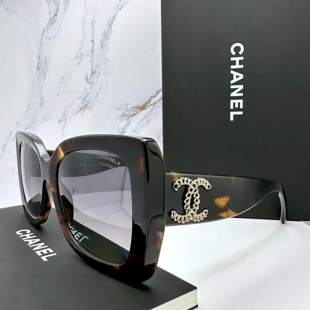 Chanel Black Tortoiseshell Oversized Sunglasses with Gold CC Logo